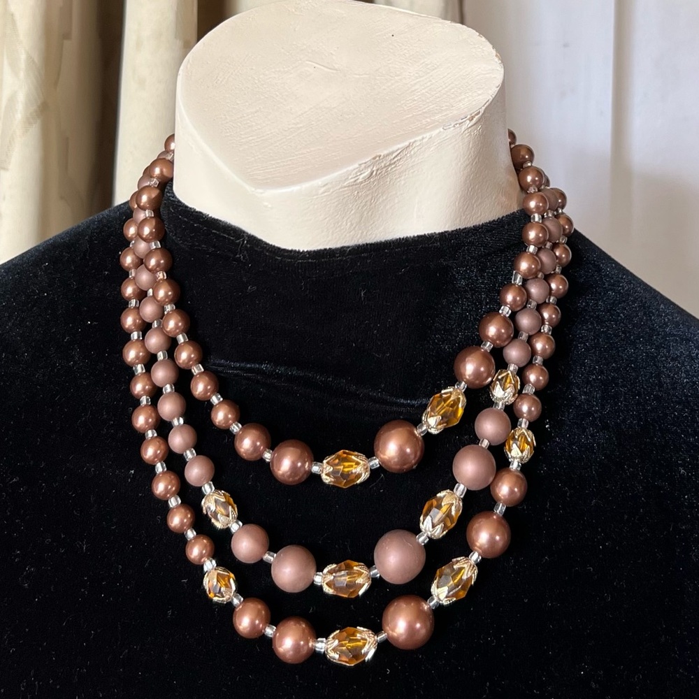 Multi Strand Beaded Necklace Brown Gold Graduated Bead Vintage Fashion Jewelry